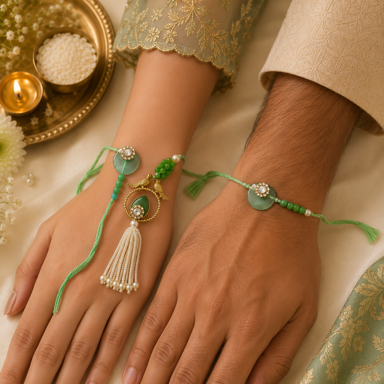 Bhai Bhabhi Rakhi Set with Pearl Tassel Lumba