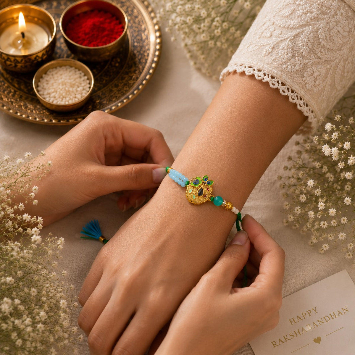 Peacock Charm & Flute Feather Rakhi Set