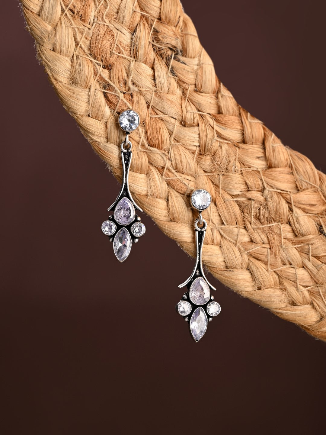 Silver Oxidised finish Drop earring with AD stone White