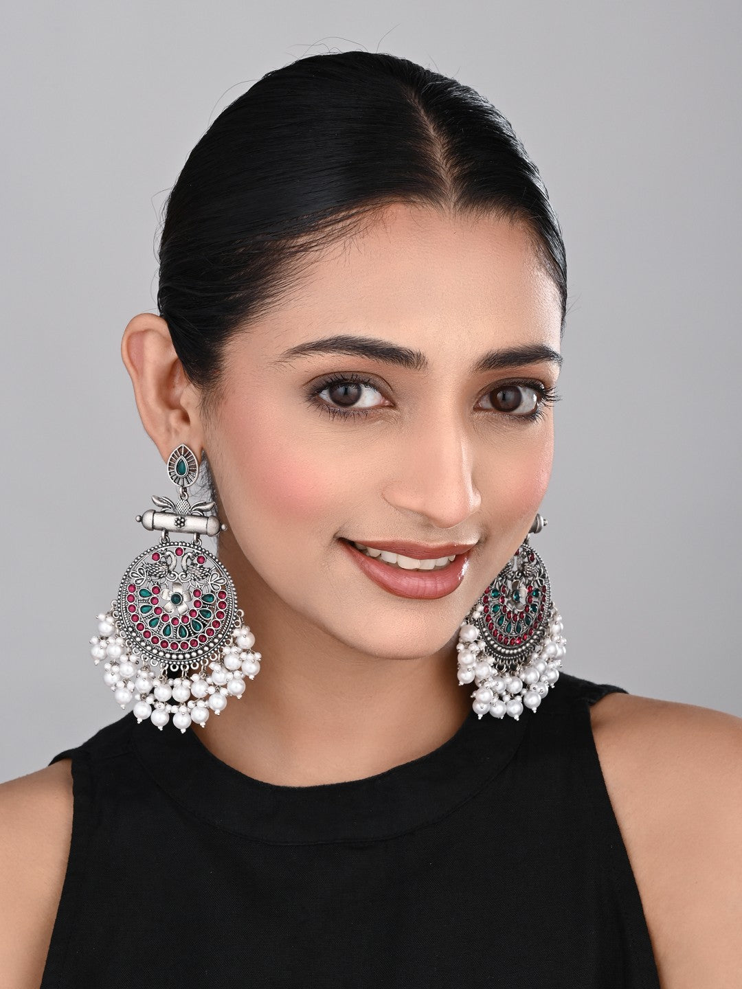 Oxidised Silver Meenakari Peacock Earrings Multi