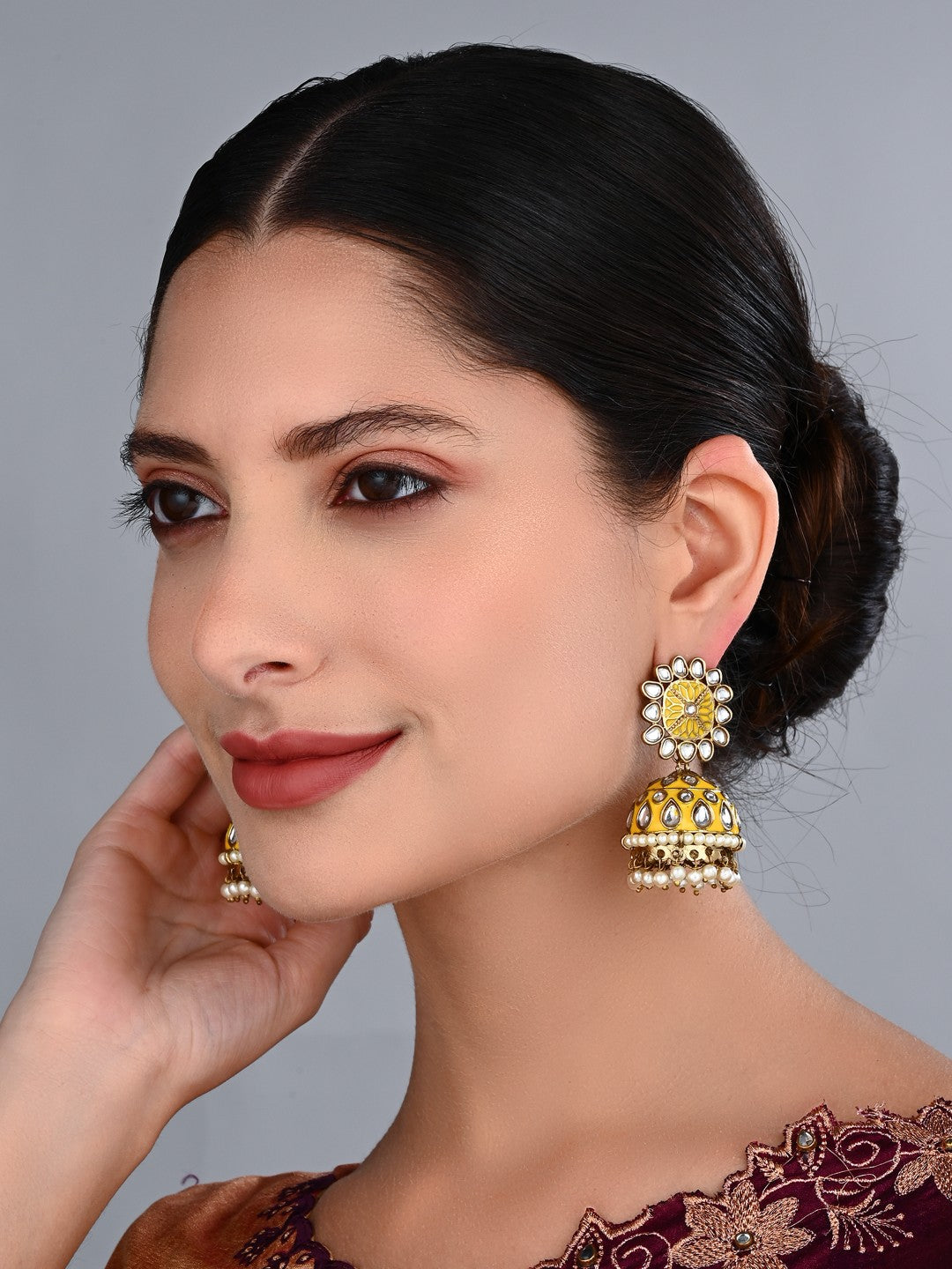 Kesari Yellow Meenakari Jhumka Earrings