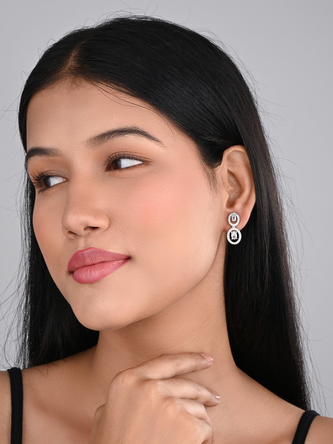 Rhodium plated Oval drop Earring Silver