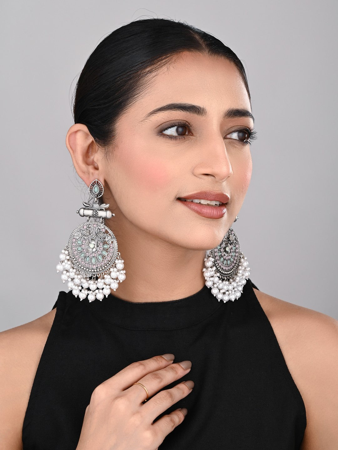 Oxidised Silver Meenakari Peacock Earrings
