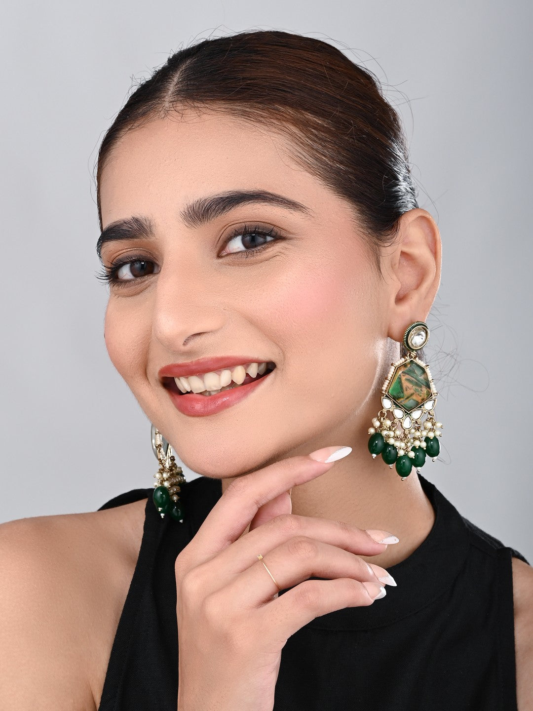 Gold plated two tone Geometric stone drop earring - Green
