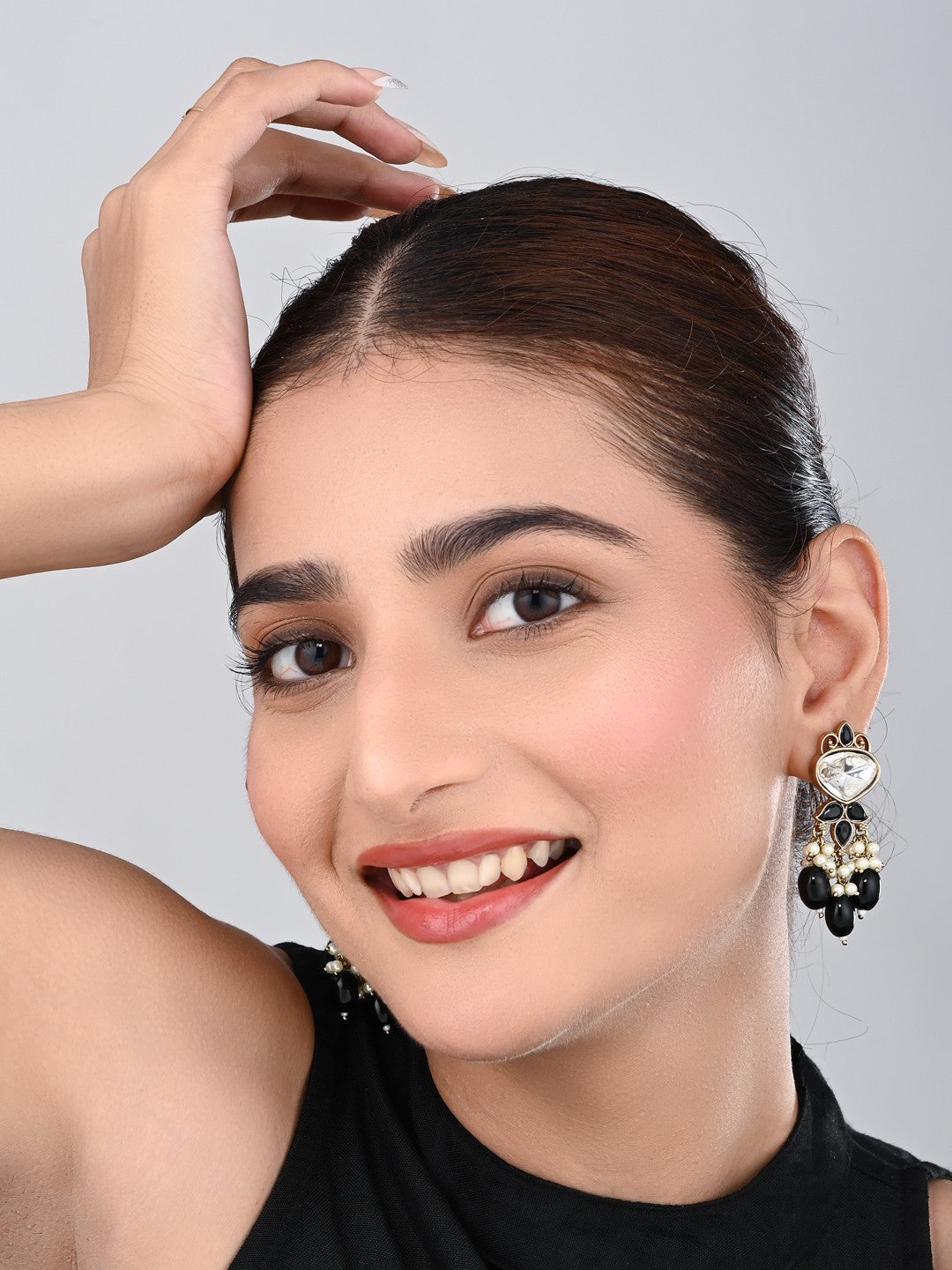 Gold plated Kundan & Pearl drop Earrings- Black