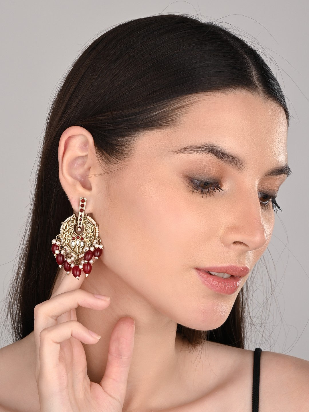 Pear-Shaped MOP Drop Earrings with Red Pearl Charm