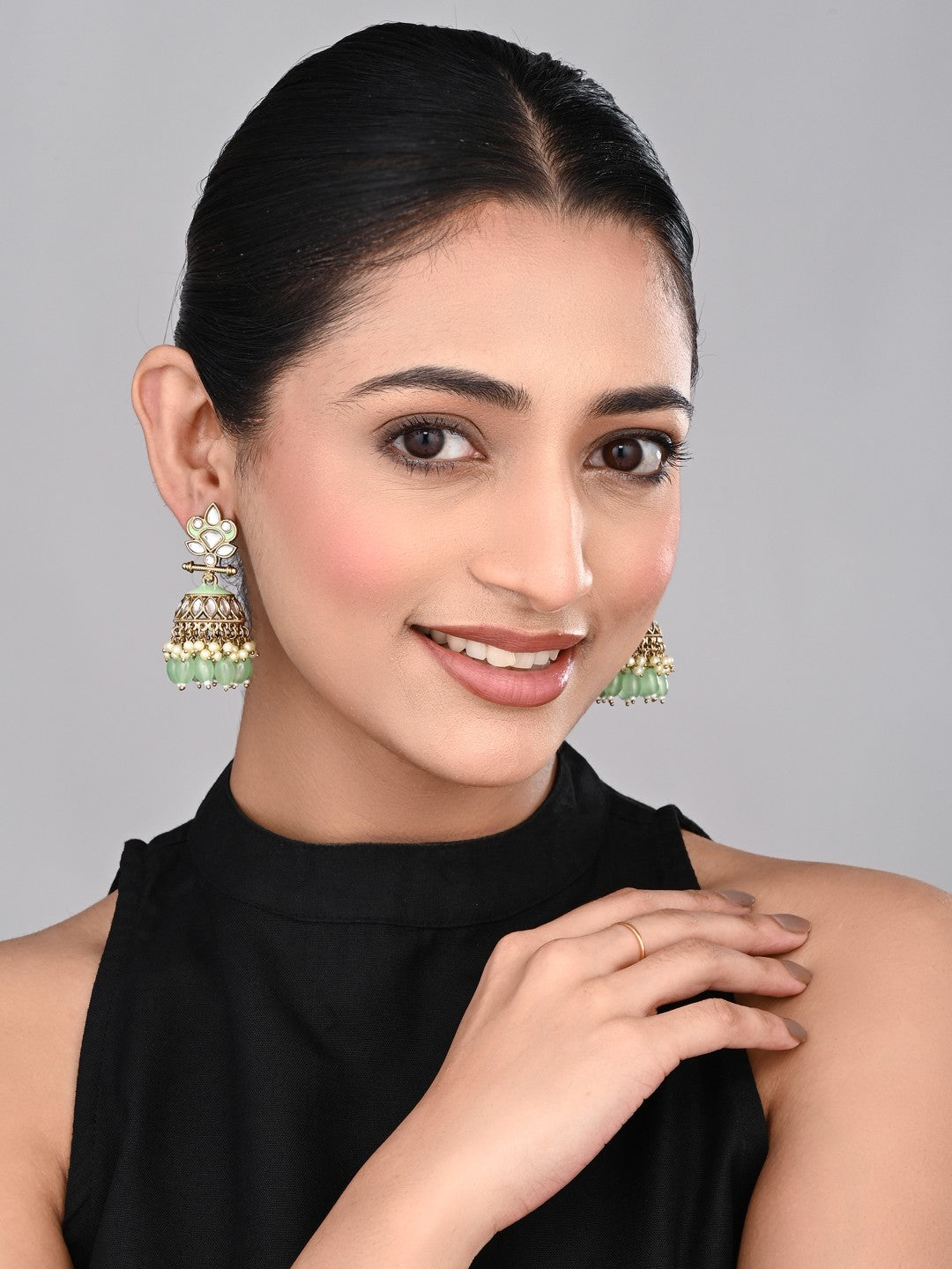 Gold plated Kundan & Meenakari Jhumka Earrings - sage green