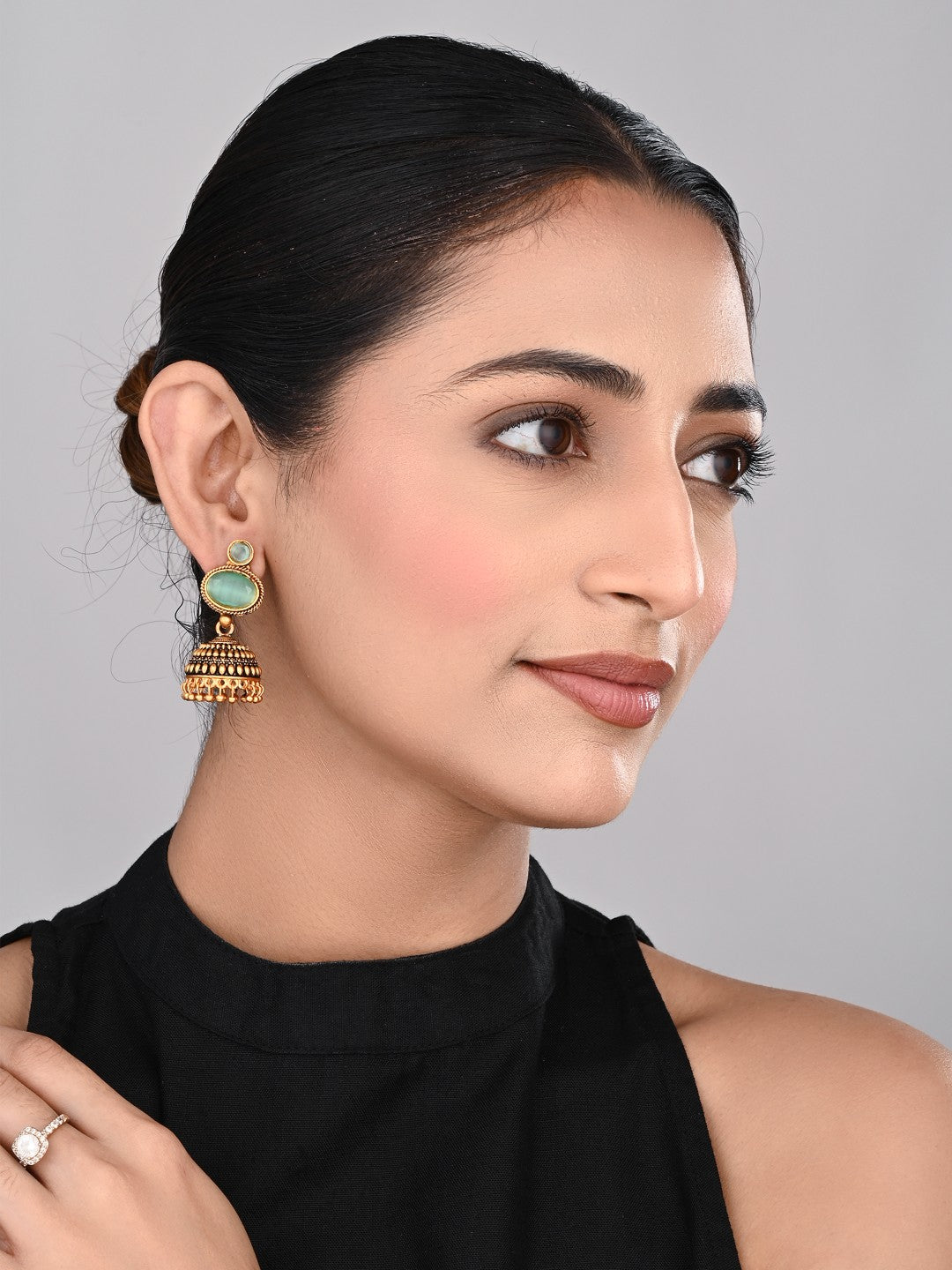 Sage Green stone top & Gold Jhumka Earring