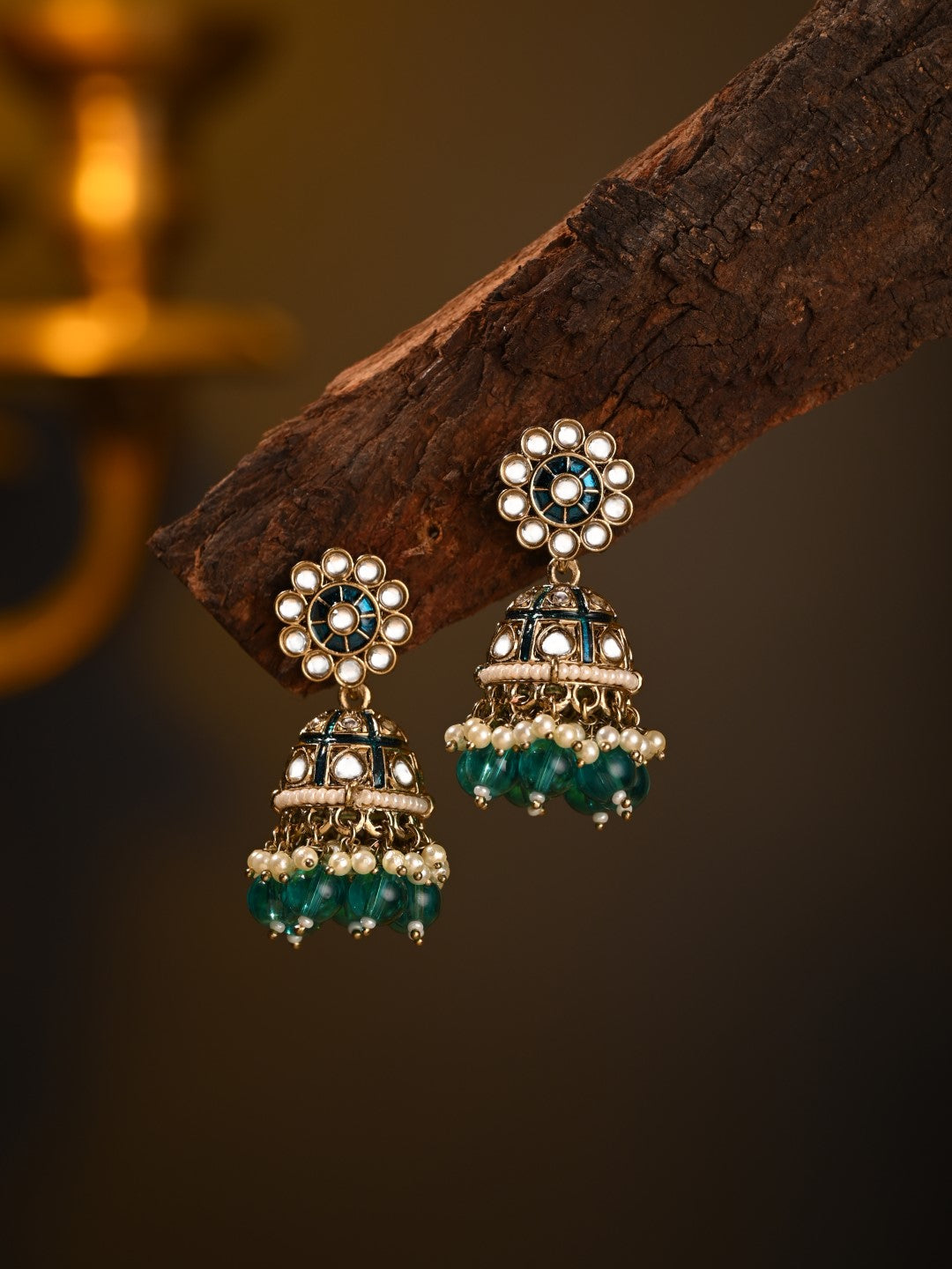 Gold plated kundan & Blue Meenakari Jhumka Earring