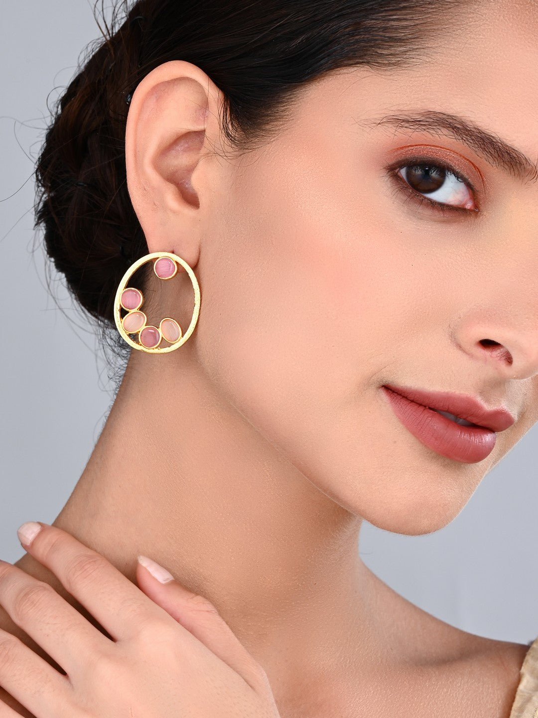 Pink Stone Gold-Toned Oval Statement Earrings