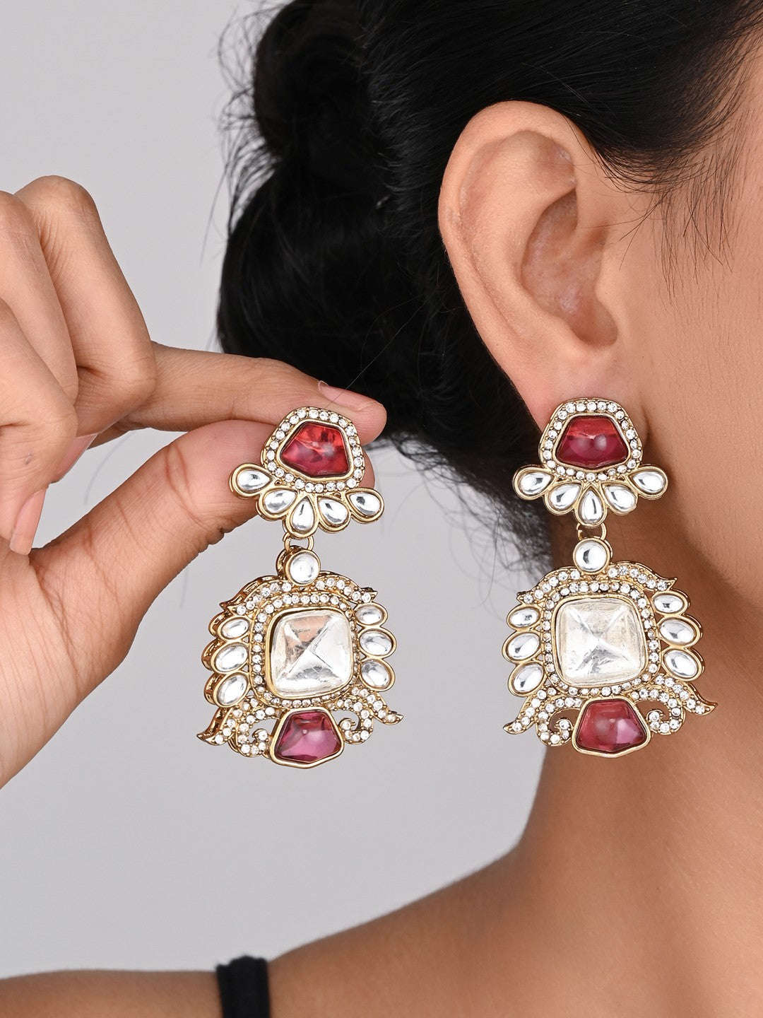 Gold plated kundan Drop Earrings red