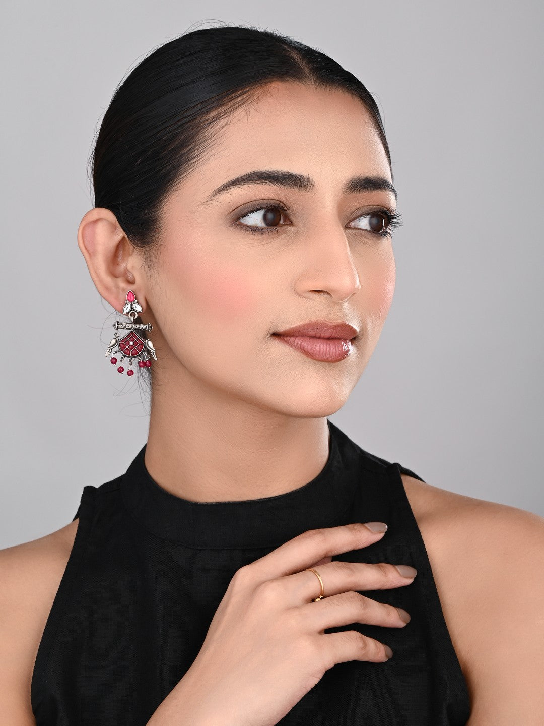 Silver plated bird drop earring - red