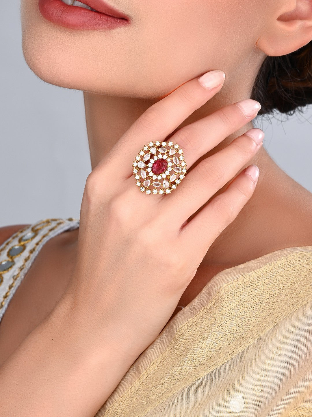 Ruby Red Stone & Crystal Floral Ring