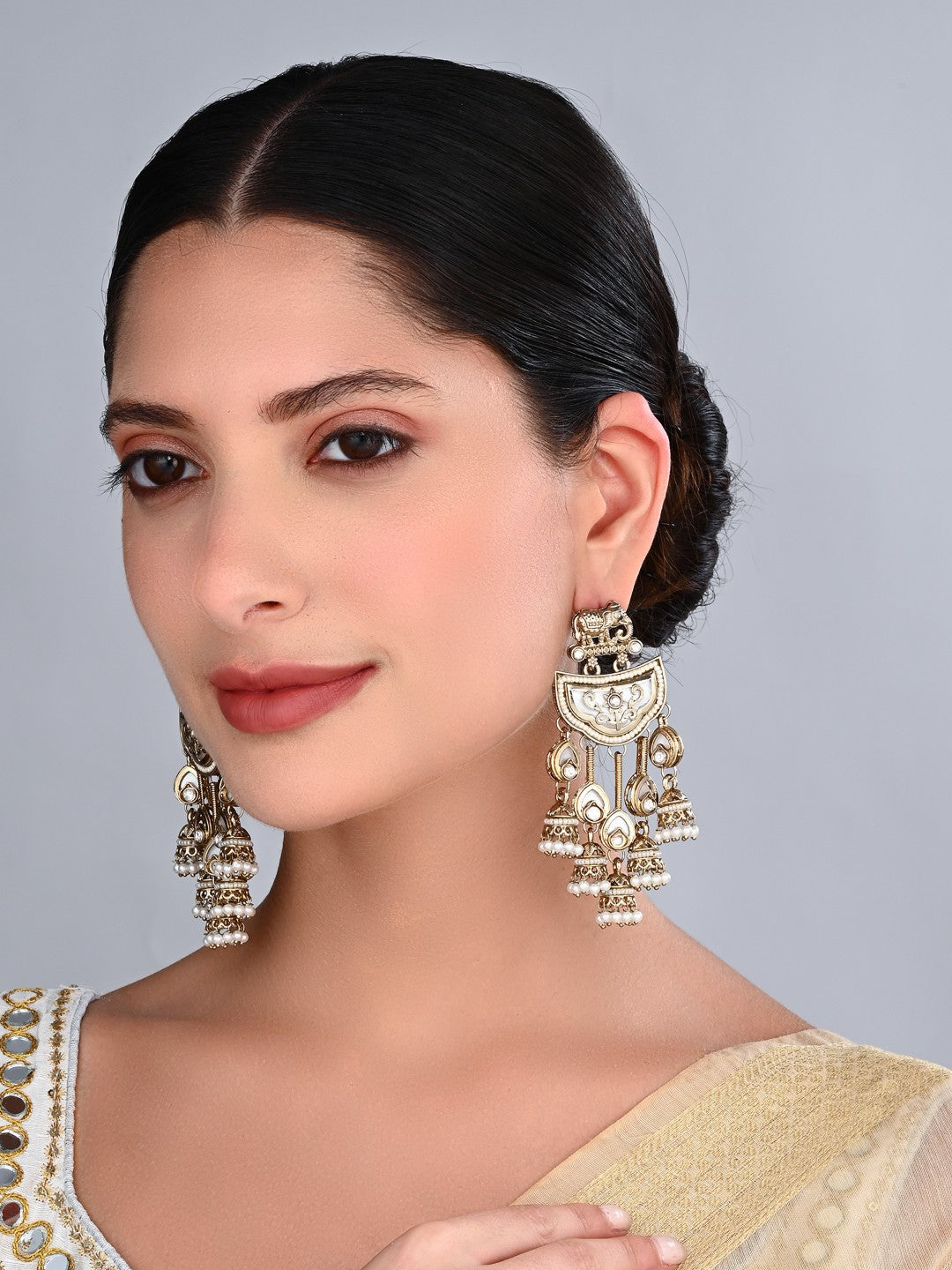 Gold-Toned MOP Chandelier Earrings with Jhumka Drops