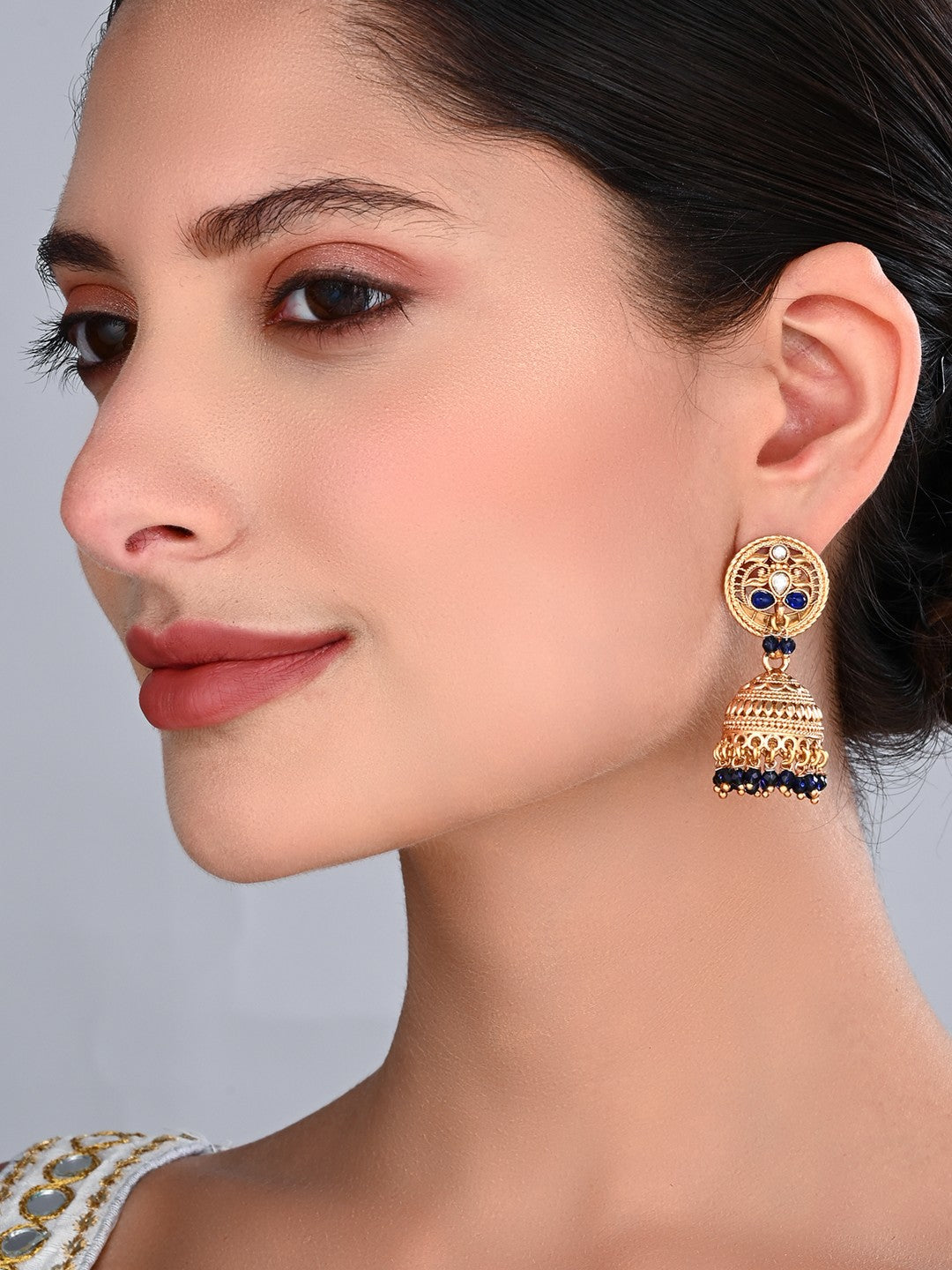 Royal Blue Stone Gold-Toned Jhumka Earrings