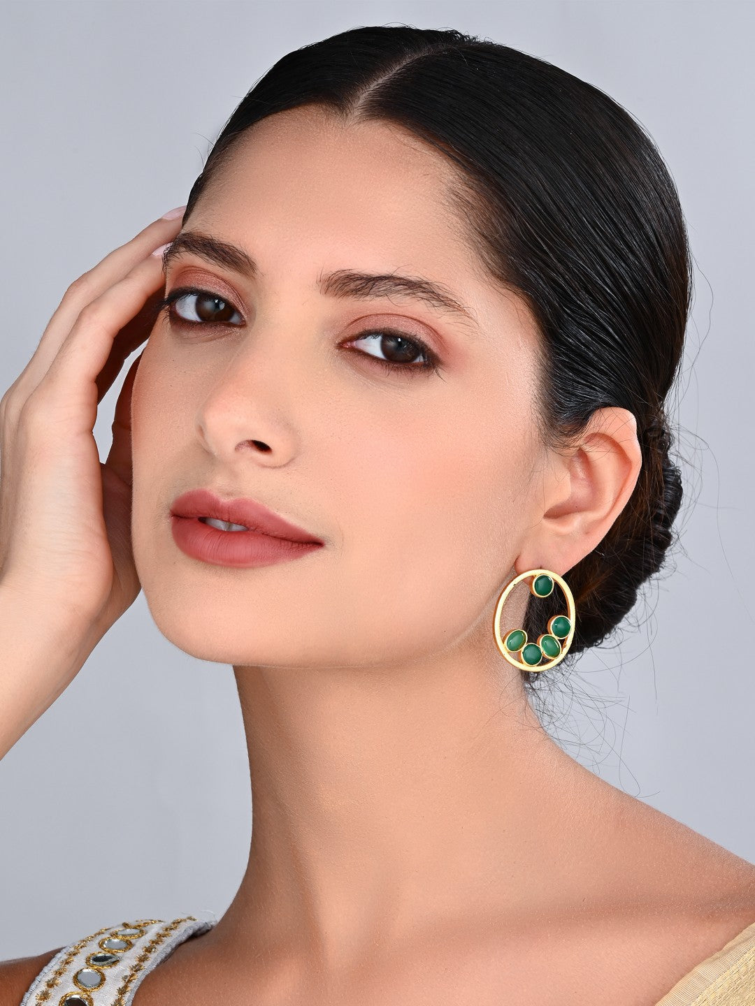 Green Stone Gold-Toned Oval Statement Earrings
