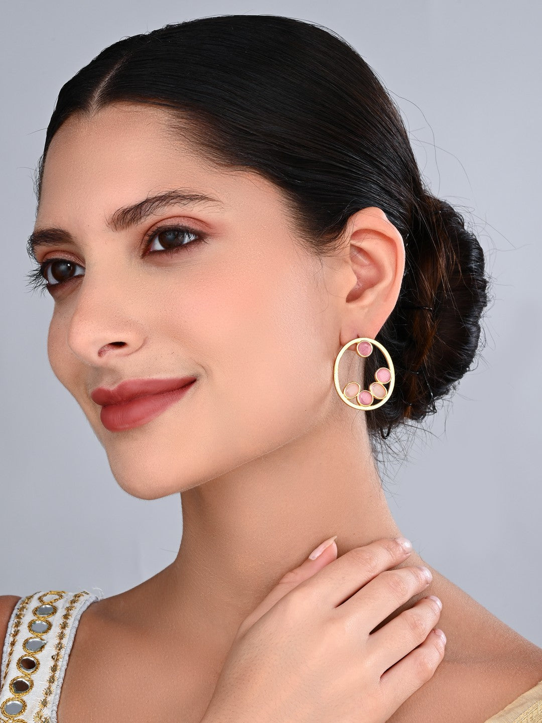 Pink Stone Gold-Toned Oval Statement Earrings