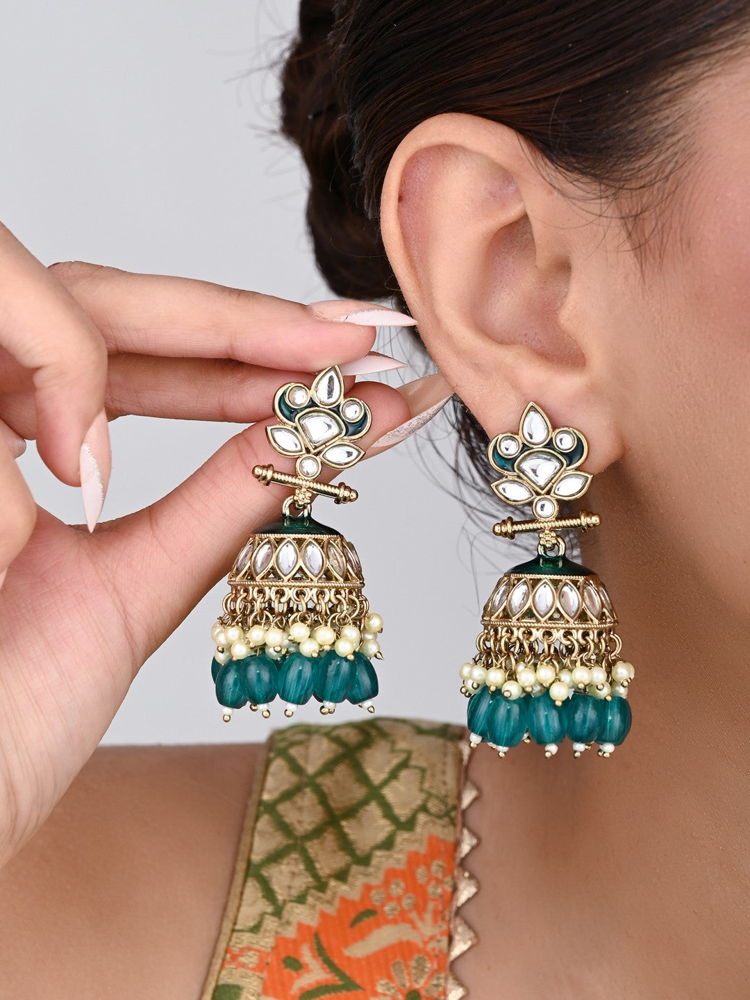 Gold plated Kundan & Meenakari Jhumka Earrings - Teal