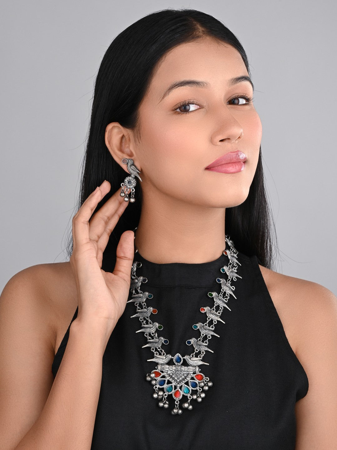 Silver Oxidised Finish Meenakari Jewellery Set