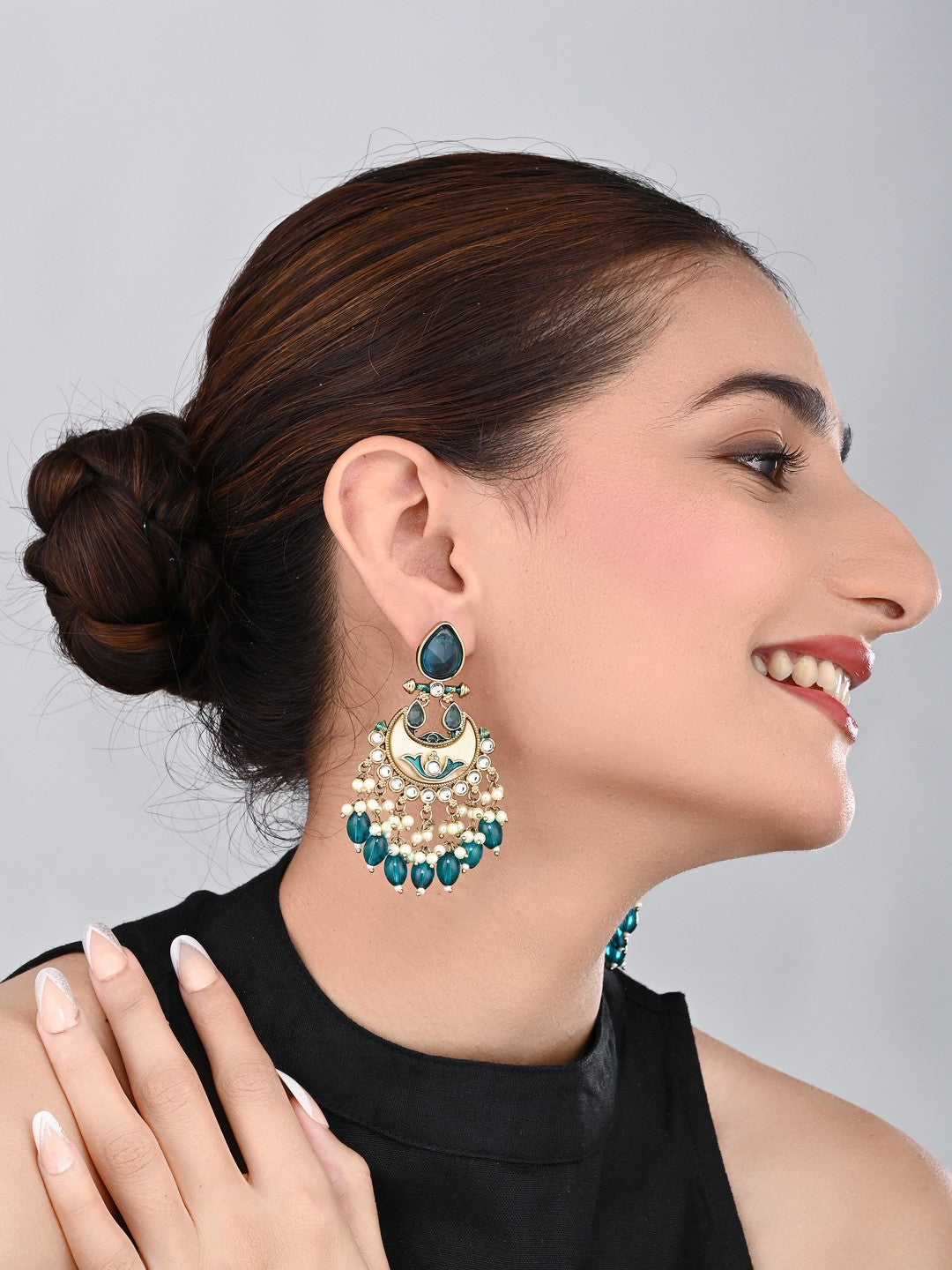Gold-Plated Meenakari Chandbali Earrings with Kundan & Pearl Drops - Teal