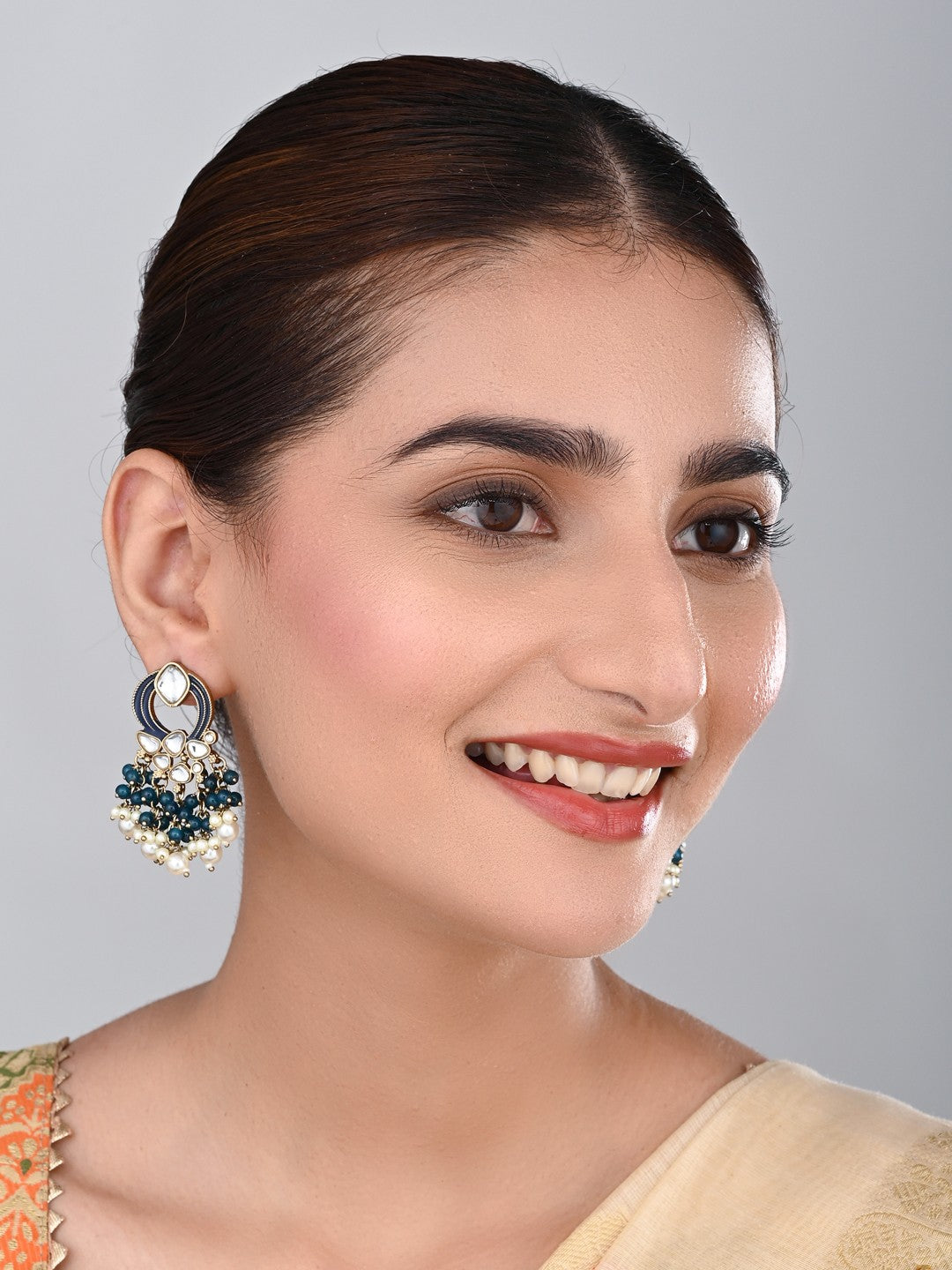 Gold-Plated Meenakari Stud Earrings with Kundan & Pearl Cluster drops - Blue