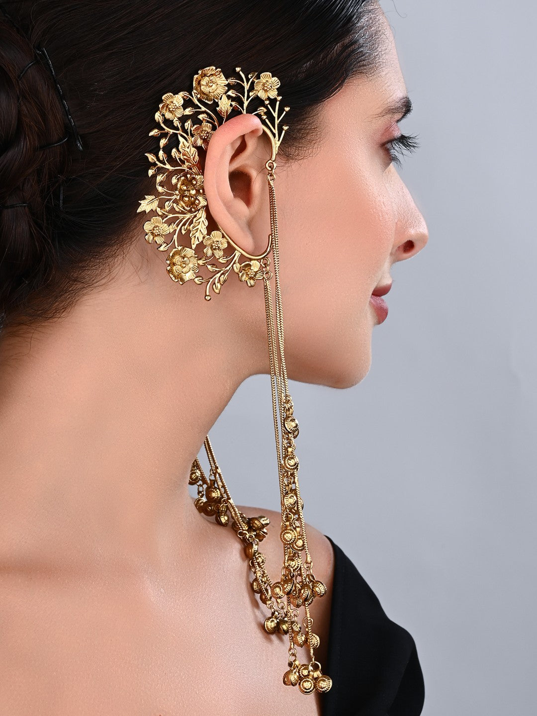 Aarika Gold Floral Ear Cuff Chain Earrings