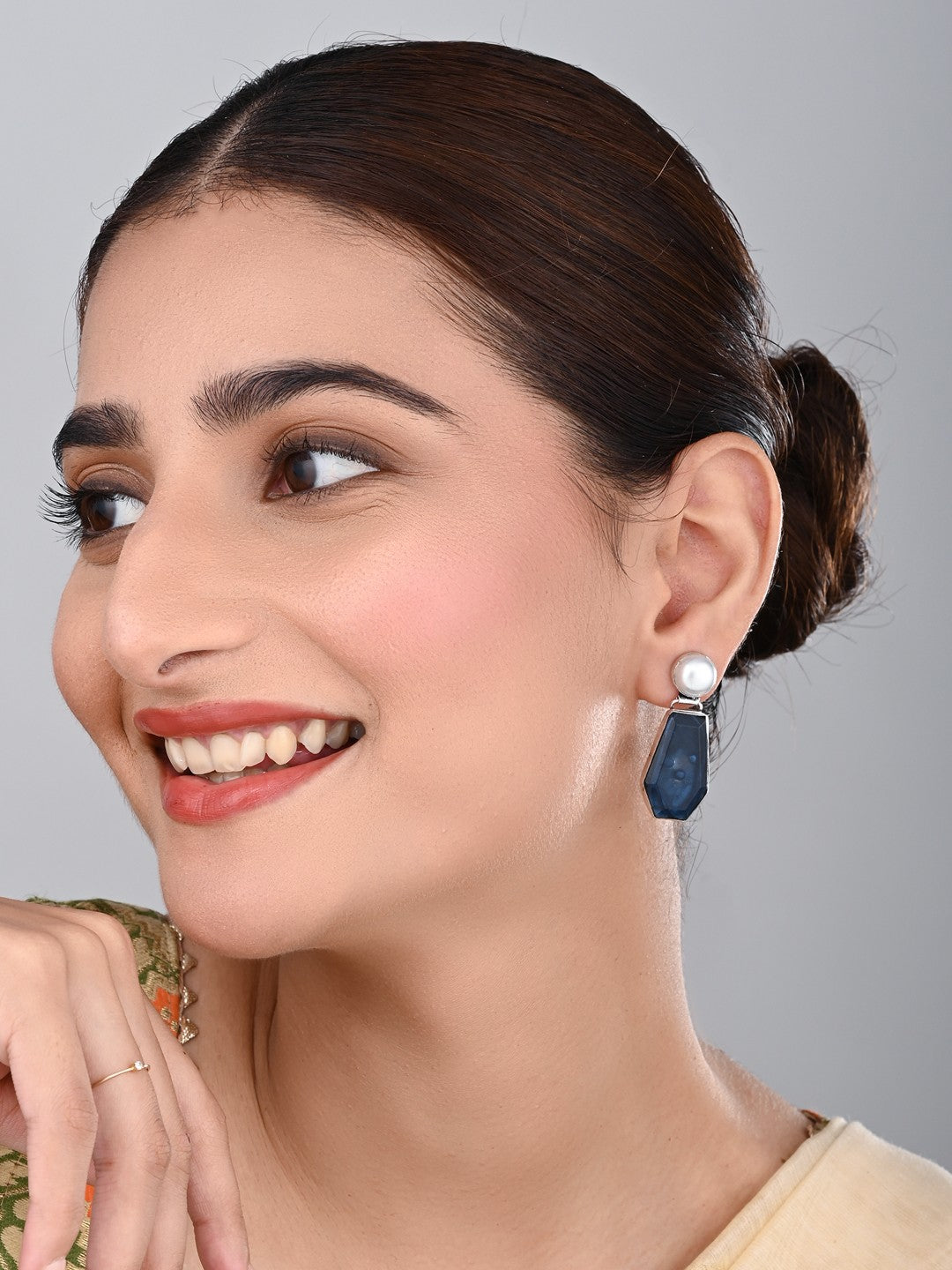 Women Silver-Plated Contemporary Drop Earrings - Navy