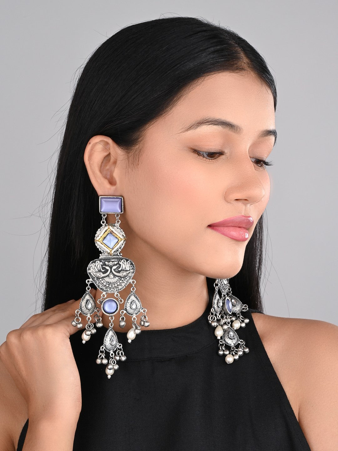 Silver oxydised lightweight long Drop Earring with Blue Stone