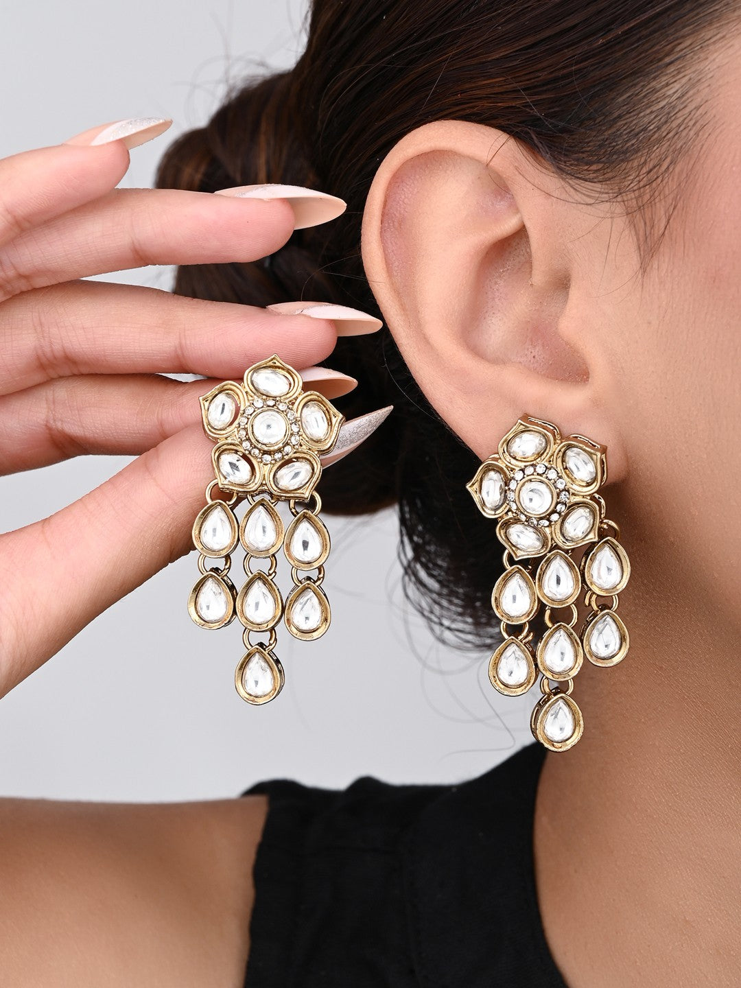 Gold plated Kundan flower drop Earrings - White