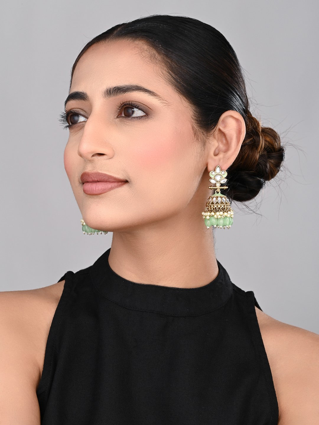 Gold plated Kundan & Meenakari Jhumka Earrings - sage green