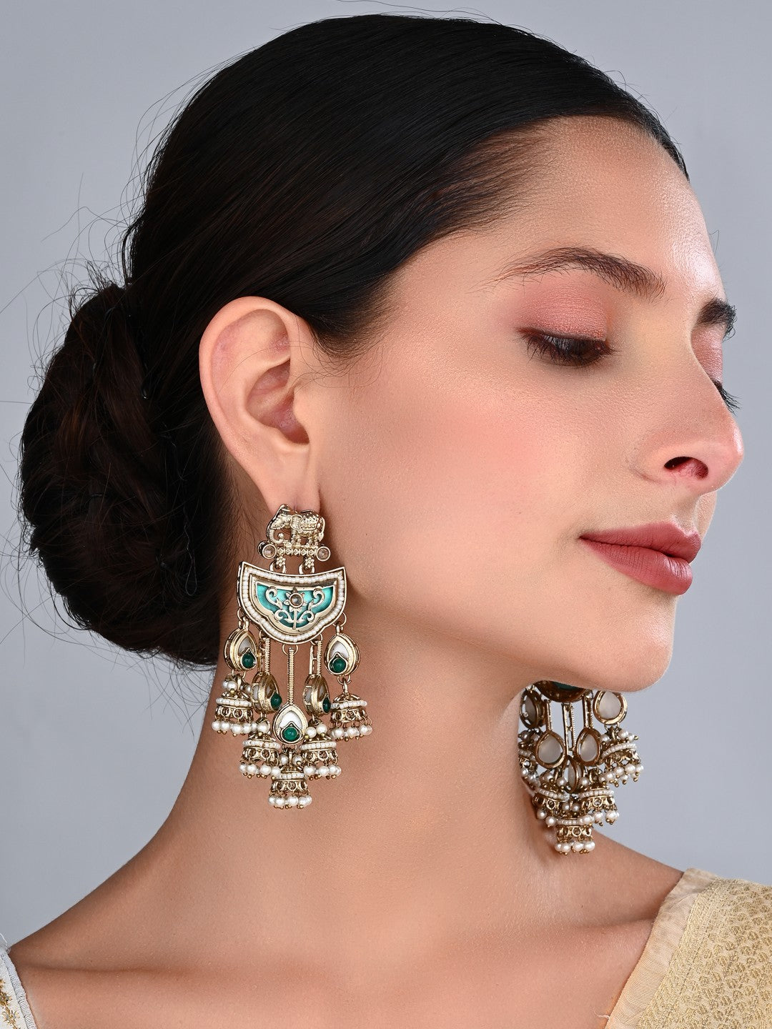 Gold-Toned MOP Chandelier Earrings with Jhumka Drops Green