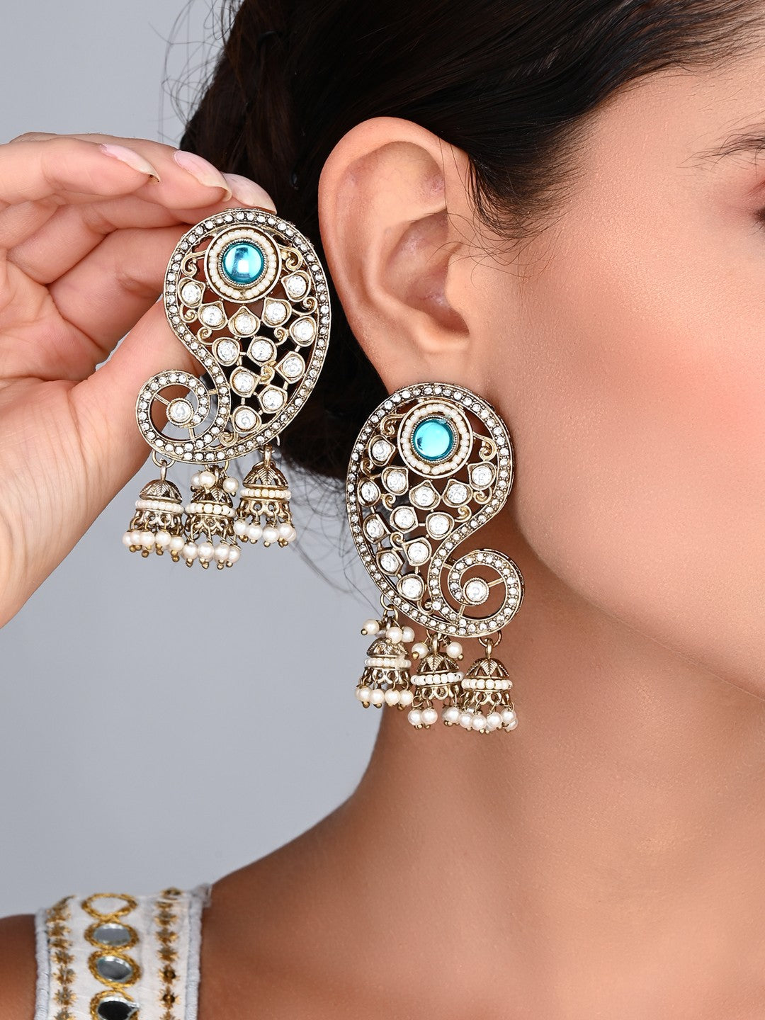 Gold-Toned Paisley Stud Earrings with Stones and Pearl jhumka Drops