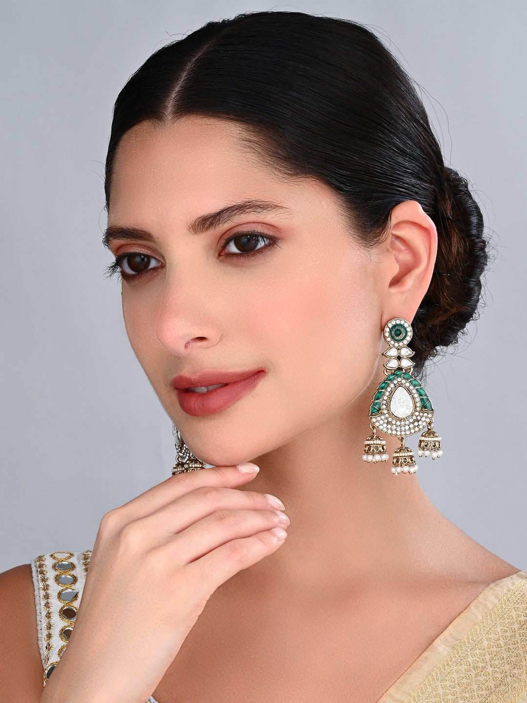 Kundan Chandbali Earrings with Jhumka Drops Green