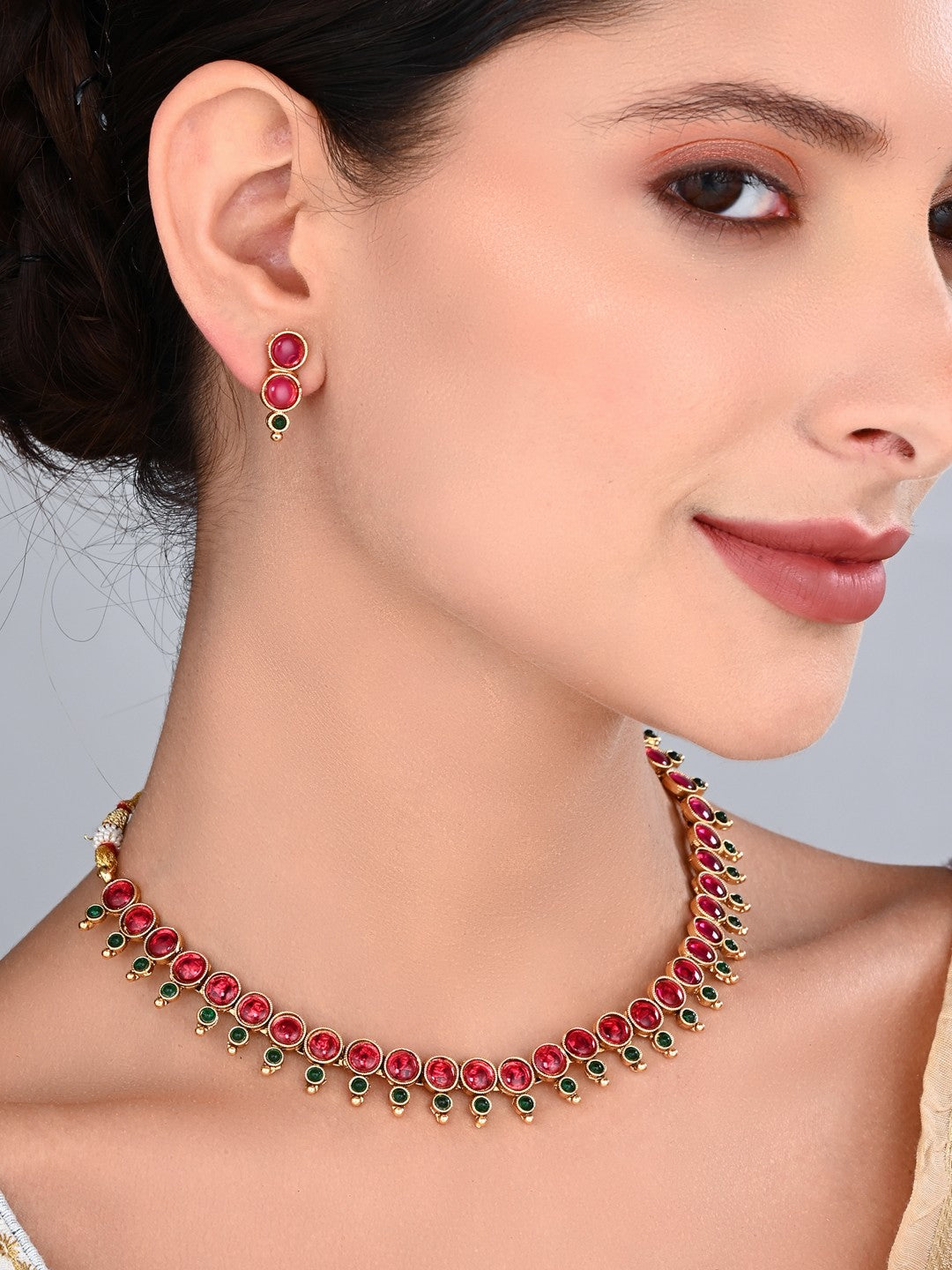 Ruby & Emerald Floral Gold-Tone Necklace & Earrings Set