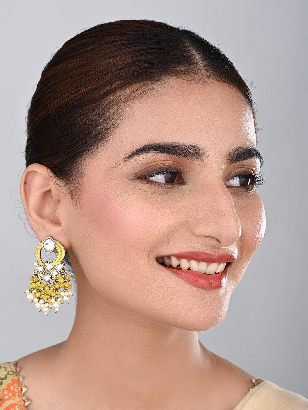 Gold-Plated Meenakari Stud Earrings with Kundan & Pearl Cluster drops - yellow