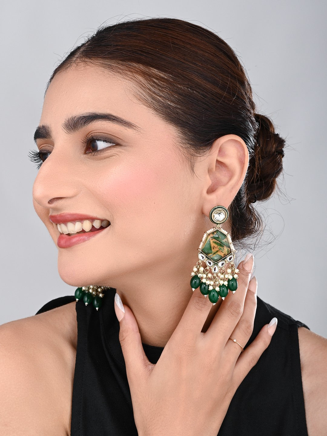 Gold plated two tone Geometric stone drop earring - Green