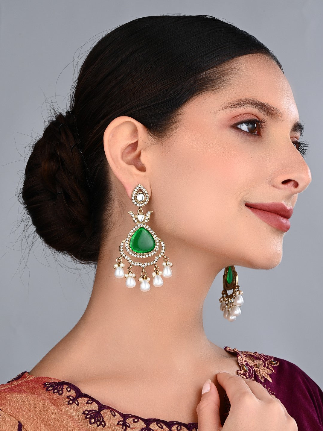 Myra Green Kundan Drop Earrings with Pearl Accents