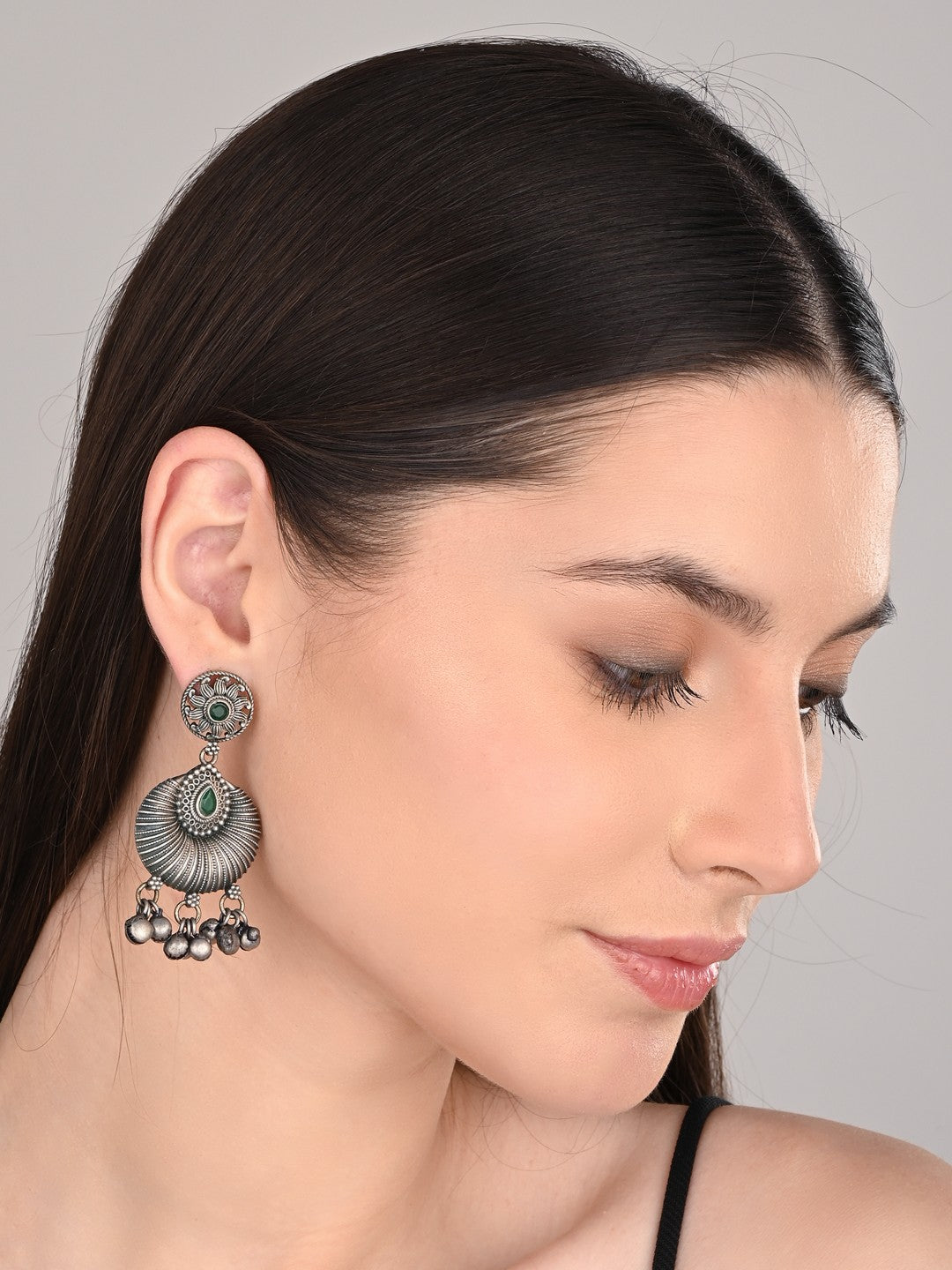 Silver oxidised finish chandbali Green