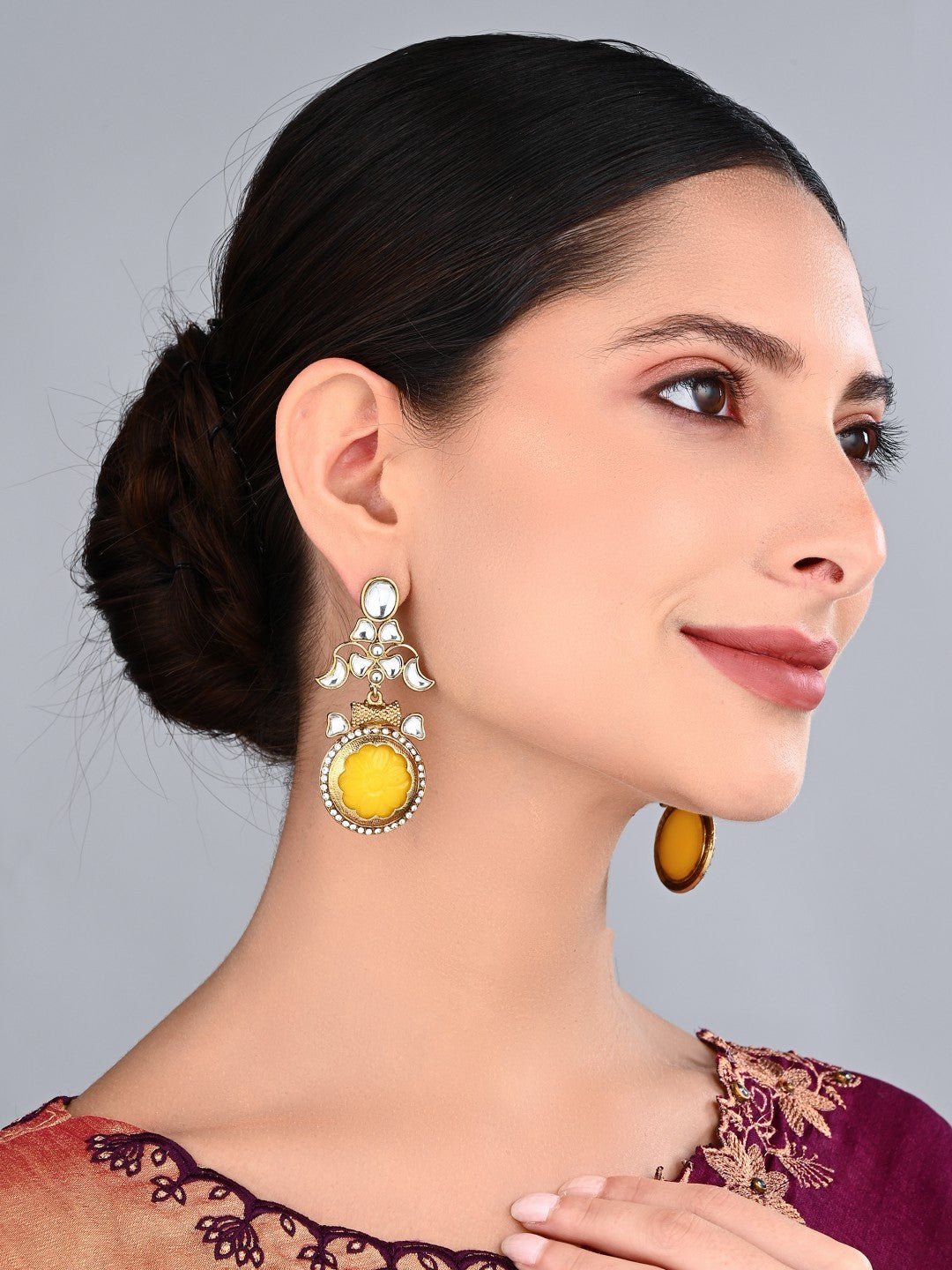 Aarna Yellow Floral Kundan Drop Earrings
