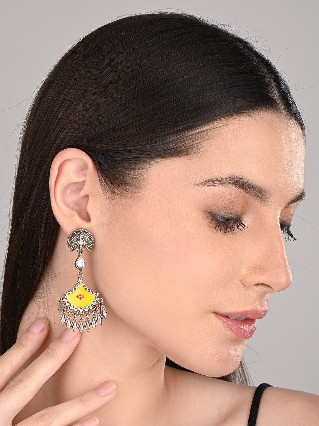 Silver Oxidised finish yellow hand painted drop earring