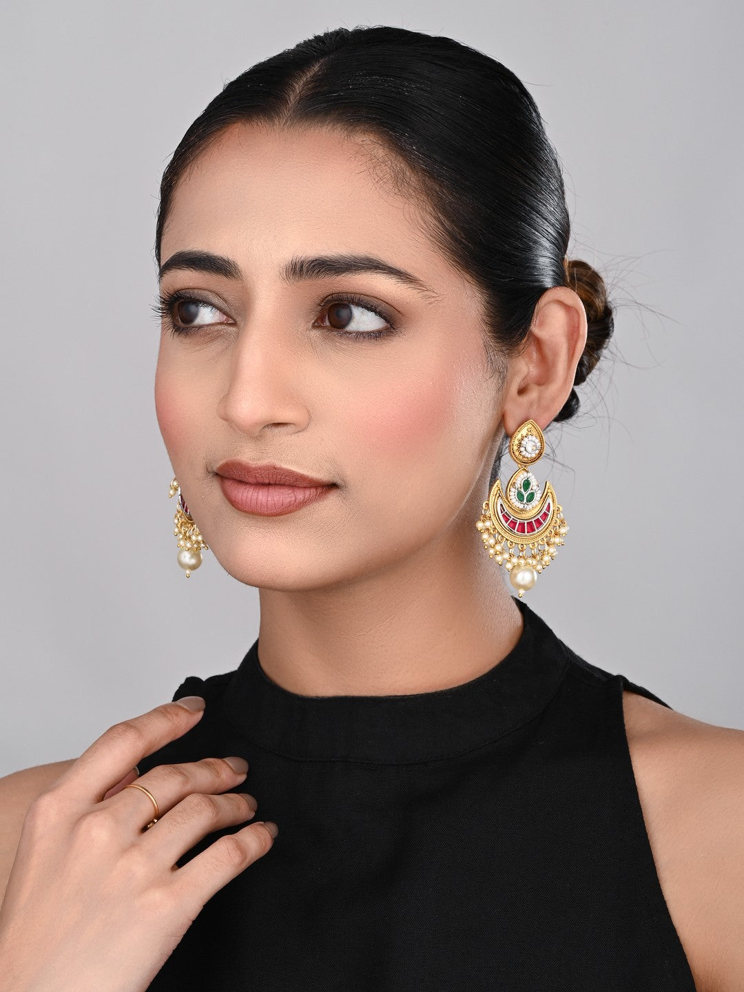 Gold-Plated Crescent Red Chandbalis