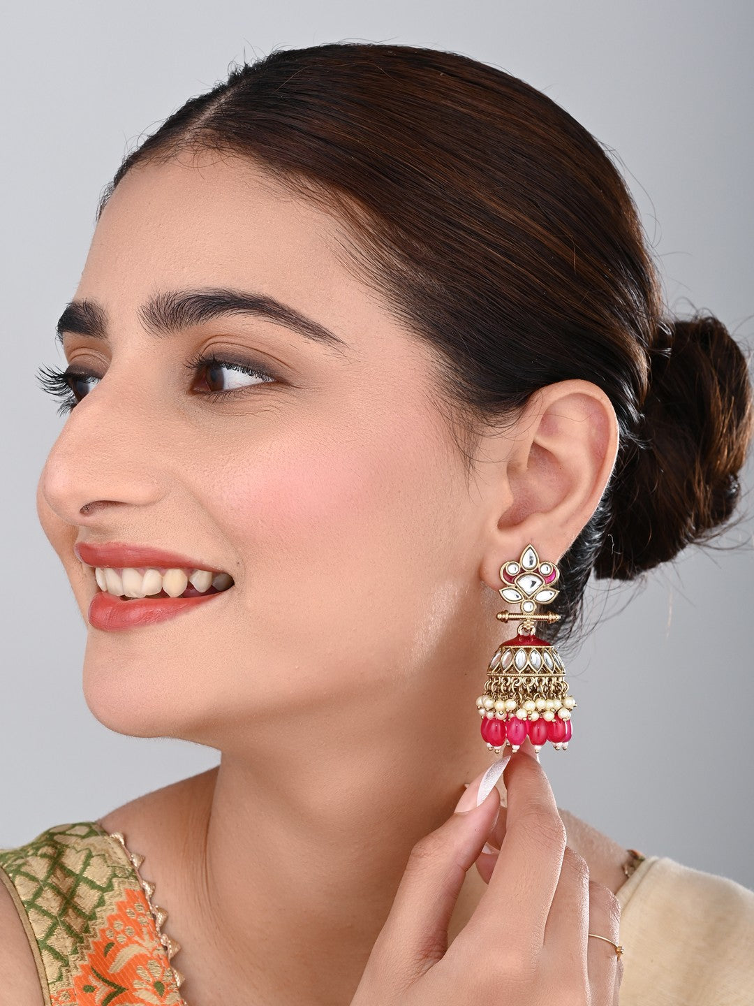 Gold plated Kundan & Meenakari Jhumka Earrings - Pink