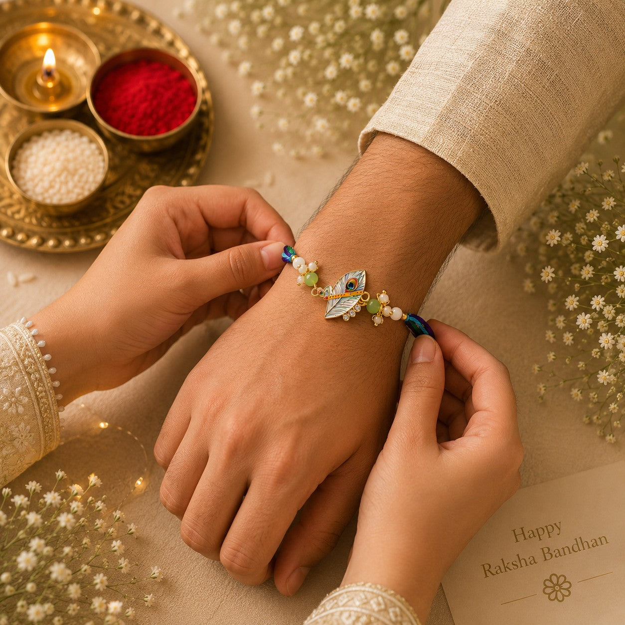 Peacock Charm & Flute Feather Rakhi Set