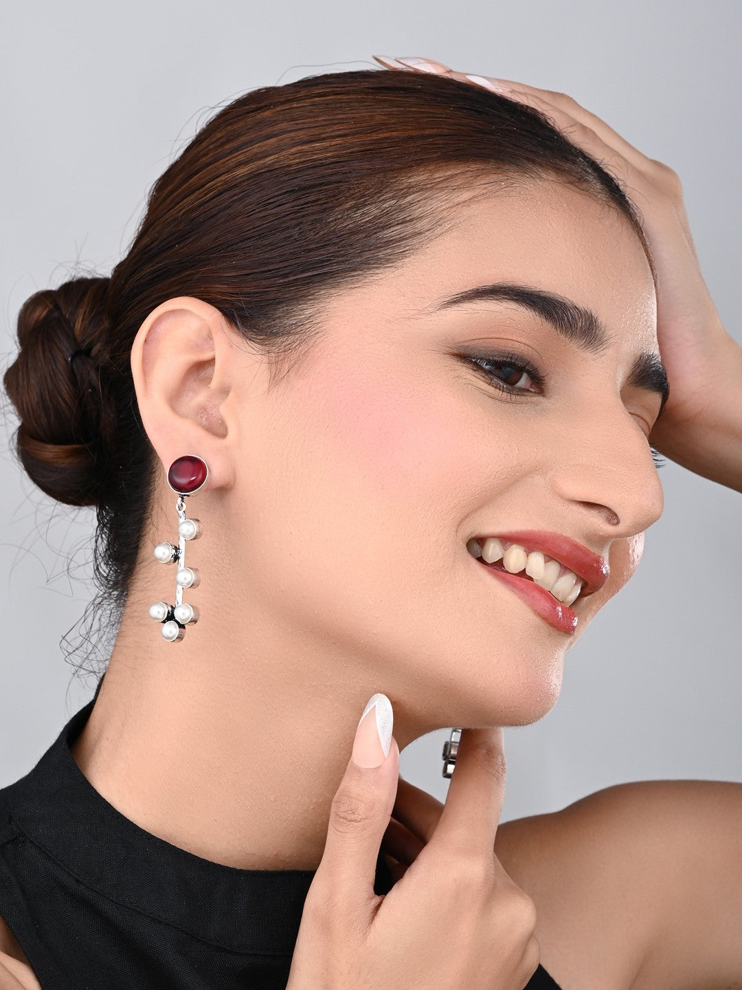 Red Stone & pearl drop Earring