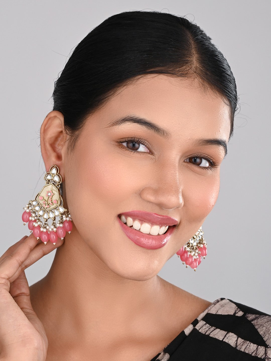 Contemporary kundan, MOP & Meenakari chandbali Earring - coral
