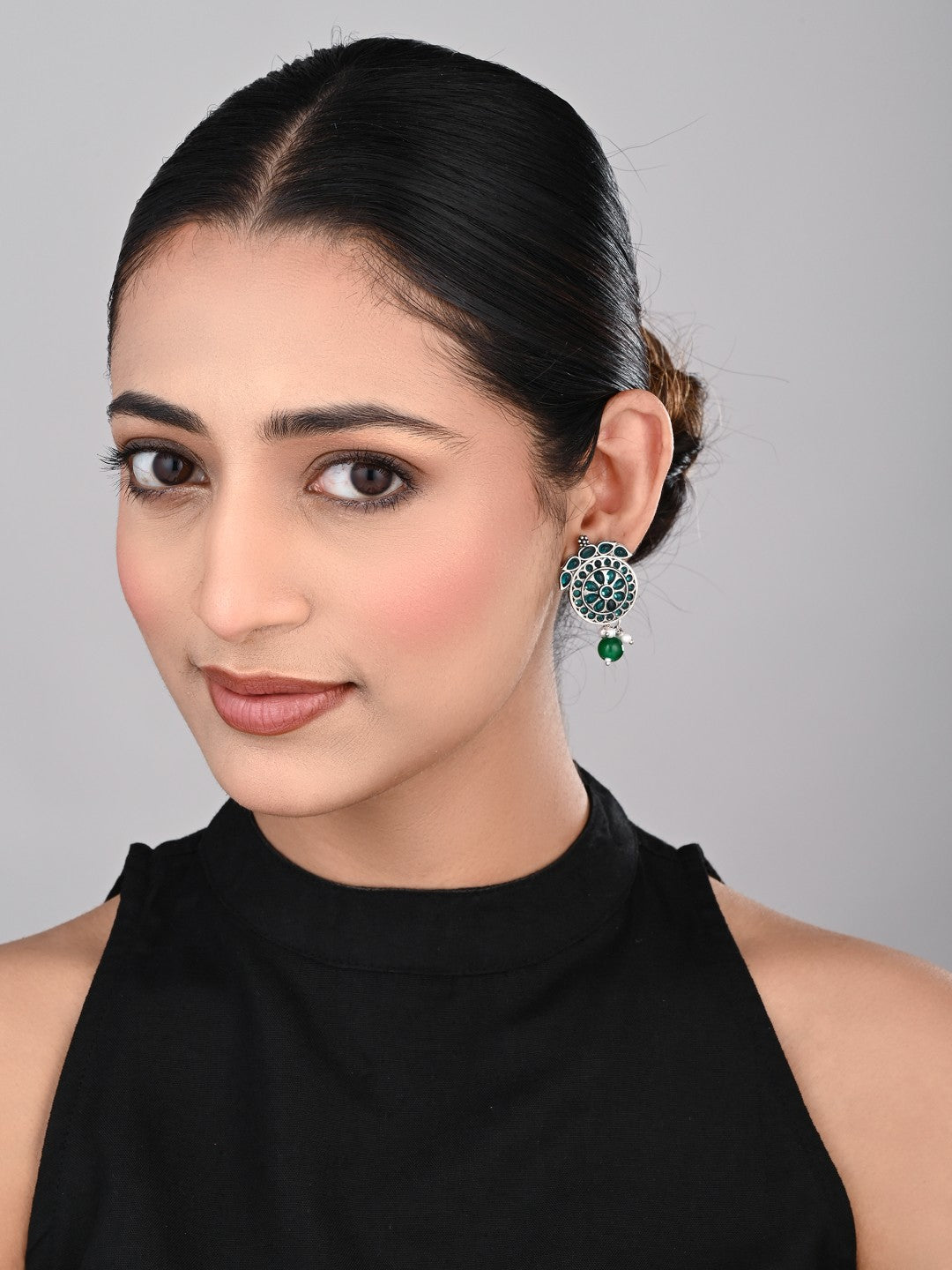 Stones Studded Circular Studs- Green