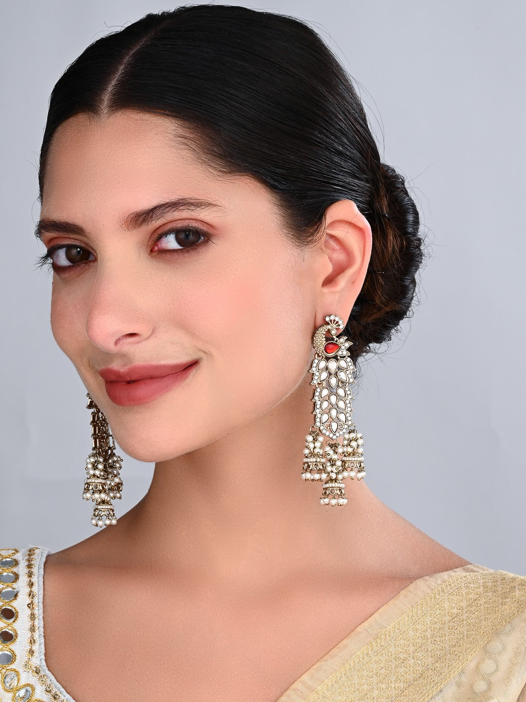 Gold-Toned Drop Earrings with Stone Accents Red