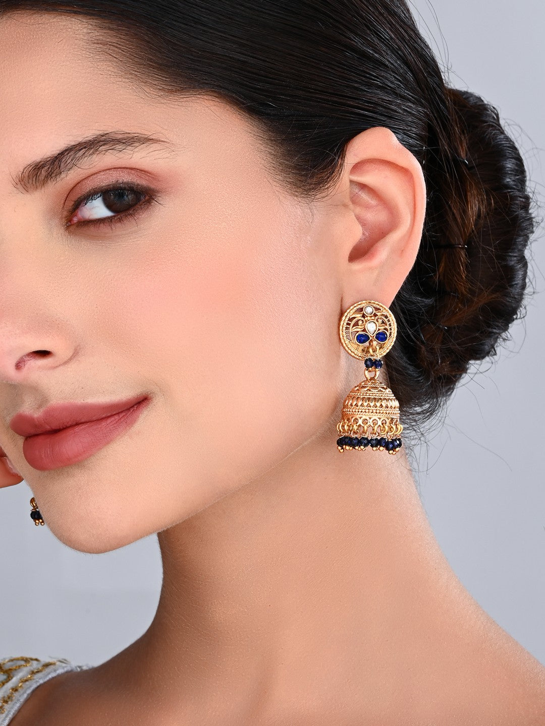 Royal Blue Stone Gold-Toned Jhumka Earrings