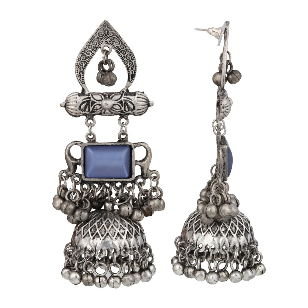 Silver oxydised lightweight long Jhumka with Blue Stone