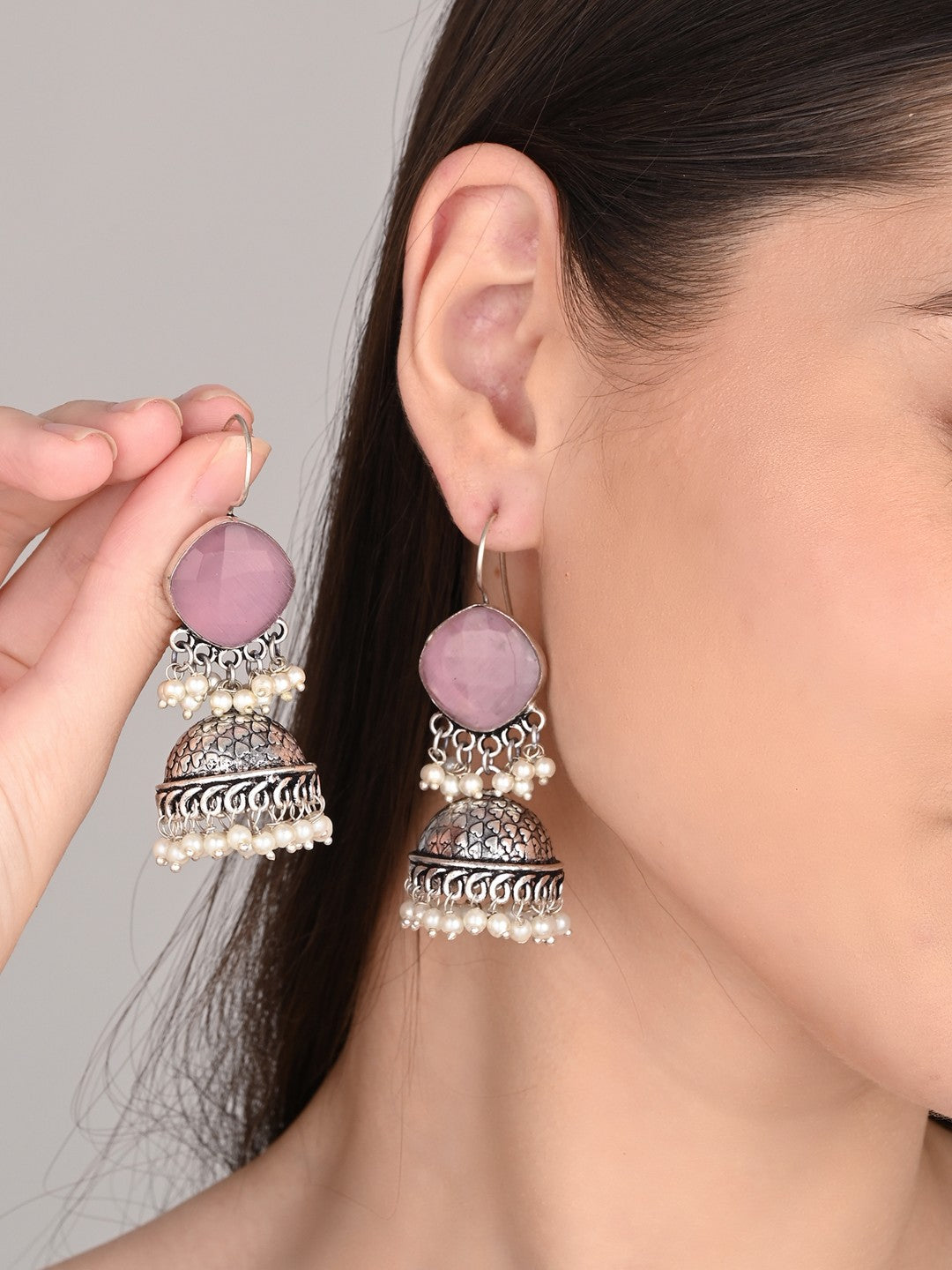 Silver Oxidised finish Jhumka with Pink Stone